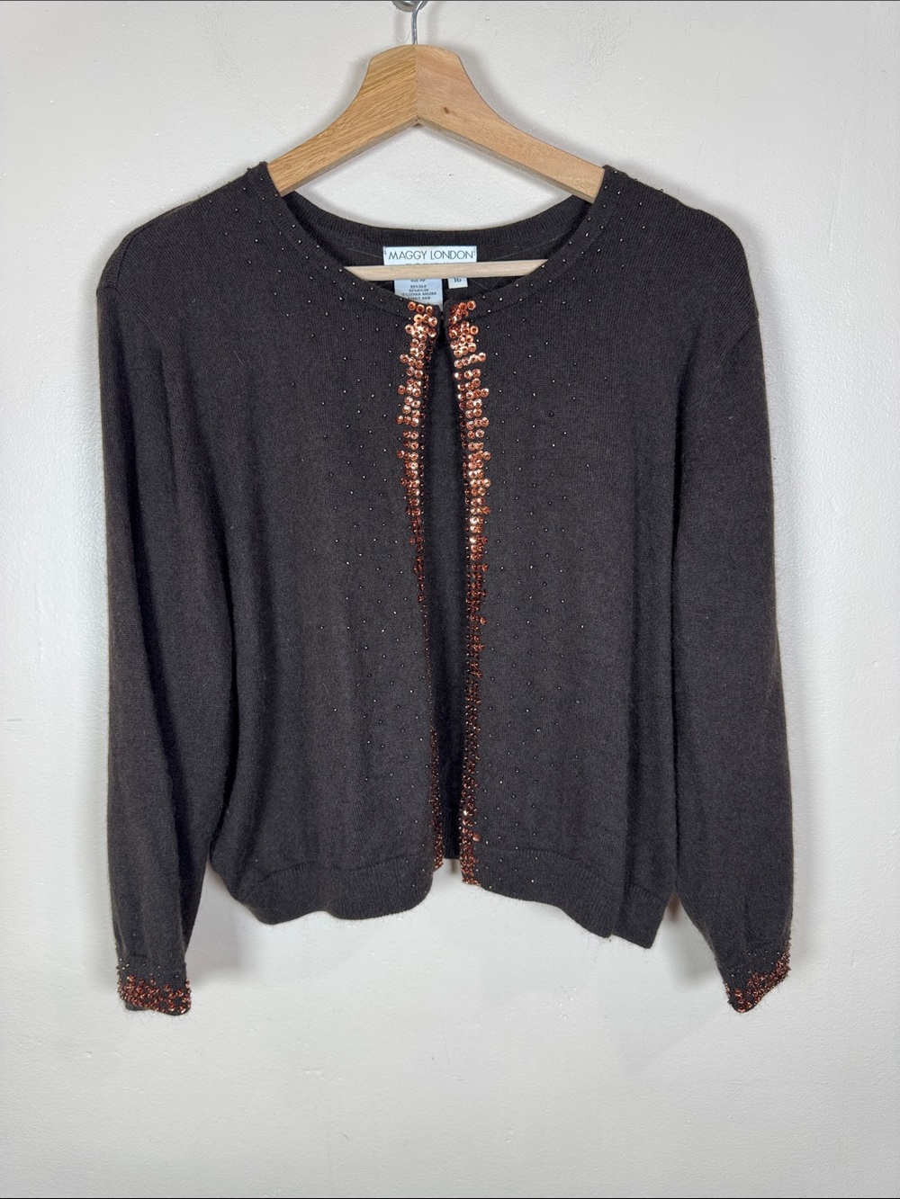 VTG Maggy London Chocolate Brown Cardigan Knit Beaded Trim Angora Silk Classic